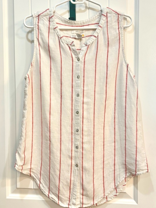 C&C California Tops - 100% Linen C&C California Sleeveless Button-Down with Red Stripes, size Large